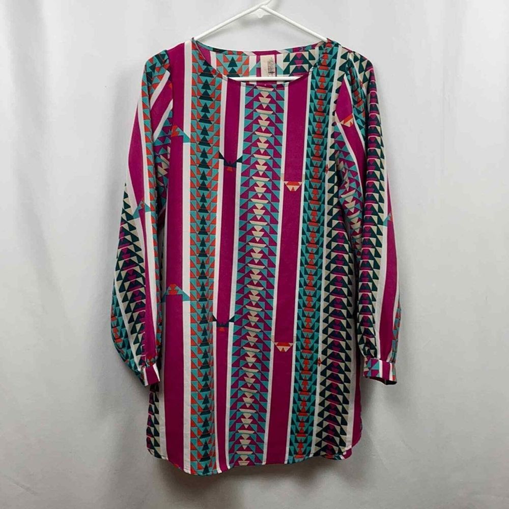 Francesca's Bird Cage Label Aztec Shift Long Sleeve Tunic Shirt Blouse Sz Small